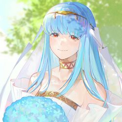  blue_hair bouquet bride bride_(fire_emblem) closed_mouth crying crying_with_eyes_open female fire_emblem fire_emblem:_the_blazing_blade fire_emblem_heroes flower highres kyufe long_hair ninian_(bridal)_(fire_emblem) ninian_(fire_emblem) red_eyes smile solo tears upper_body 