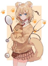  animal animal_ears blonde_hair blue_eyes bob_cut breasts brown_cardigan bubba_(watson_amelia) canine cardigan chiemo_(xcem) closed_mouth collared_shirt commentary cowboy_shot deerstalker dog_ears dog_girl dog_tail female hair_ornament hat holding holding_animal holding_dog hololive hololive_english long_sleeves looking_at_viewer magnifying_glass miniskirt mustache_print necktie open_mouth paw_print paw_print_background plaid plaid_skirt pleated_skirt pocket_watch red_necktie shirt skirt smile tail virtual_youtuber watch watson_amelia watson_amelia_(1st_costume) white_shirt 