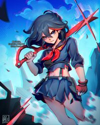  absurdres alina_l black_hair blue_eyes blue_sky breasts day english_text female gloves hair_between_eyes highres kill_la_kill matoi_ryuuko medium_breasts midriff multicolored_hair navel outdoors pleated_skirt red_gloves red_hair school_uniform scissor_blade_(kill_la_kill) senketsu serafuku shirt short_hair signature skirt sky smile solo standing streaked_hair suspenders torn_clothes torn_shirt torn_skirt two-tone_hair weapon 