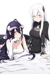  2girls absurdres albedo_(overlord) black_dress black_eyes black_feathers black_hair black_wings breasts butterfly_hair_ornament camui1104 cleavage closed_mouth colored_eyelashes commentary commission crossover demon_girl demon_horns dress echidna_(re:zero) elbow_gloves feathered_wings feathers gloves hair_ornament highres horns long_hair looking_at_viewer low_wings multiple_girls overlord_(maruyama) pixiv_commission re:zero_kara_hajimeru_isekai_seikatsu slit_pupils smile thick_eyelashes white_gloves white_hair white_horns wings yellow_eyes 