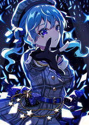  absurdres belt beret black_gloves blue_belt blue_hair bracelet commentary_request cowboy_shot dress facial_mark female gloves grey_dress grey_hat hand_up hat highres hololive hoshimachi_suisei hoshimachi_suisei_(1st_costume) jewelry light_particles long_hair looking_at_viewer nail_polish outstretched_arm parted_lips partially_fingerless_gloves pension_z plaid plaid_dress plaid_headwear purple_eyes reaching reaching_towards_viewer solo standing star_(symbol) star_in_eye symbol_in_eye twintails virtual_youtuber 