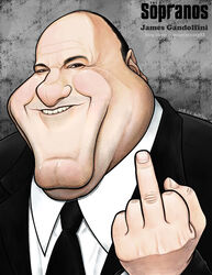  1boy artist_name bad_id bad_pixiv_id black_hair black_jacket black_necktie black_suit blush brown_eyes caricature character_name chin commentary_request copyright_name dated dimple double_chin facial_hair fingernails forehead formal gangster grin jacket james_gandolfini looking_at_viewer mafia male_focus middle_finger naver_username necktie nose off-topic shirt smile solo stubble suit suit_jacket teeth the_sopranos tony_soprano upper_body watermark web_address yanggoon 