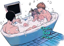  2boys bath bathroom bathtub black_hair blonde_hair bubble bubble_bath chainsaw_man completely_nude denji_(chainsaw_man) female grey_hair hayakawa_aki highres horns mixed-sex_bathing multiple_boys nude power_(chainsaw_man) shared_bathing short_hair simple_background tasuketemama television topknot white_background 