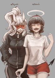  2girls :d angel azazel_(helltaker) black_hair black_jacket black_pants blush breasts collarbone commentary dark_persona demon_horns demon_tail dual_persona grey_background halo hand_on_another&#039;s_hip hand_up helltaker highres horns jacket long_hair loremaster_(helltaker) medium_breasts multiple_girls open_mouth pants ponytail red-tinted_eyewear red_goggles root_12047841 short_hair shorts smile sportswear sunglasses tail teeth time_paradox tinted_eyewear upper_teeth_only wings 