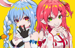  2girls :d absurdres animal_ear_fluff animal_ears bare_shoulders bell black_gloves blue_hair bow braid breasts carrot_hair_ornament commentary_request detached_sleeves don-chan_(usada_pekora) eyes_visible_through_hair food-themed_hair_ornament gloves green_eyes grin hair_bell hair_between_eyes hair_ornament hairbow hand_up hands_up highres hololive jingle_bell long_hair long_sleeves looking_at_another multicolored_hair multiple_girls one_side_up own_hands_clasped own_hands_together pension_z rabbit_ears red_hair sakura_miko sakura_miko_(1st_costume) shirt short_eyebrows short_sleeves simple_background small_breasts smile teeth thick_eyebrows two-tone_hair upper_body upper_teeth_only usada_pekora usada_pekora_(1st_costume) virtual_youtuber white_bow white_hair white_shirt x_hair_ornament yellow_background 