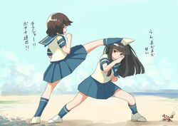  2girls black_hair blue_legwear blue_sailor_collar blue_skirt blunt_bangs brown_eyes brown_hair commentary_request crab dodging hatsuyuki_(kancolle) highres hime_cut kantai_collection kicking long_hair miyuki_(kancolle) multiple_girls pleated_skirt sailor_collar school_uniform serafuku short_hair short_sleeves skirt socks toplow translation_request white_footwear 