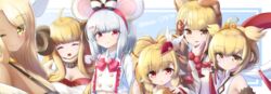  6+girls :d absurdres ahoge andira_(granblue_fantasy) anila_(granblue_fantasy) animal_ears blonde_hair bob_cut bow bowtie breasts brooch buttons cleavage closed_mouth curled_up dark-skinned_female dark_skin dot_nose double-breasted draph eyes_visible_through_hair facing_viewer flat_chest granblue_fantasy grey_hair hair_flaps hair_ornament hairband hairbow hairclip hat_feather heart heart_brooch highres jewelry klaius kumbhira_(granblue_fantasy) large_breasts long_hair long_sleeves looking_at_viewer mahira_(granblue_fantasy) medium_hair monkey_ears mouse_ears multiple_girls navel one_eye_closed open_mouth parted_lips red_bow red_eyes red_hairband shawl shirt smile tassel vajra_(granblue_fantasy) vikala_(granblue_fantasy) white_shirt yellow_eyes 