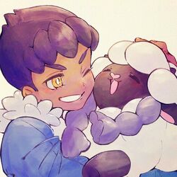  1boy blue_jacket bright_pupils commentary_request dark-skinned_male dark_skin fur-trimmed_jacket fur_trim holding holding_pokemon hop_(pokemon) jacket male_focus one_eye_closed pokemon pokemon_(creature) pokemon_swsh purple_hair short_hair smile tt1010 wooloo yellow_eyes 