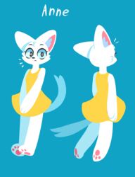  2022 anthro blue_background cheek_tuft clothing digital_media_(artwork) domestic_cat dress facial_tuft felid feline felis female fur head_tuft hydrabb inner_ear_fluff lineless mammal pawpads pink_pawpads simple_background solo tuft white_body white_fur yellow_clothing yellow_dress 