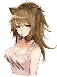  animal_ears arknights bare_shoulders black_choker breasts brown_hair choker cleavage collarbone covered_nipples cropped_torso expressionless female highres idashige_(walkietalkie) lion_ears long_hair looking_at_viewer medium_breasts mouth_hold no_bra no_jacket ponytail shirt siege_(arknights) simple_background sleeveless sleeveless_shirt solo tank_top upper_body white_background white_shirt yellow_eyes 