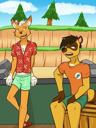  3:4 animal_crossing anthro bottomwear canid canine clothed clothing crazy_redd dress_shirt duo flip_flops footwear fox fully_clothed fuze hi_res leaning male mammal nintendo outside raccoon_dog sandals shirt shorts sitting t-shirt tanuki tommy_nook topwear 