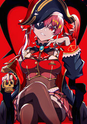  absurdres arrow_through_heart ascot bicorne black_coat black_hat breasts brown_leotard brown_thighhighs cleavage clenched_teeth coat commentary_request crossed_legs dokuro-kun_(houshou_marine) eyepatch feet_out_of_frame female hair_between_eyes hair_ribbon hat highres holding hololive houshou_marine houshou_marine_(1st_costume) jacket leotard leotard_under_clothes long_hair long_sleeves looking_at_viewer medium_breasts nail_polish off_shoulder open_clothes open_coat pension_z pirate_hat pleated_skirt red_ascot red_eyes red_hair red_jacket red_nails red_ribbon red_skirt red_theme ribbon see-through see-through_cleavage sitting skirt sleeveless sleeveless_jacket solo teeth thighhighs twintails virtual_youtuber 