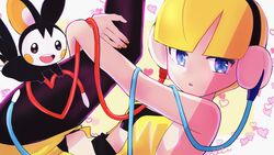  bare_shoulders black_pantyhose blonde_hair blue_eyes blunt_bangs cable dress elesa_(pokemon) emolga female headphones heart highres holding_leg looking_at_viewer pantyhose parted_lips pokemon pokemon_(creature) pokemon_bw sheyona short_hair sleeveless sleeveless_dress yellow_nails 