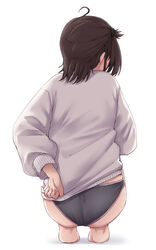  absurdres ahoge ass barefoot black_panties brown_hair female from_behind full_body hair_flaps hatsuzuki_(kancolle) highres kantai_collection kiritto long_sleeves no_pants panties short_hair simple_background soles solo sweater underwear white_background white_sweater 