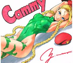  arm_up armpits arms_up blue_eyes braid cammy_white female green_leotard hat leotard long_hair murata_yuusuke signature smile solo source_request street_fighter twin_braids unworn_hat unworn_headwear 