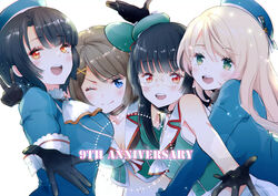  4girls amoichi777 anniversary aqua_headwear atago_(kancolle) beret black_gloves black_hair blonde_hair blue_eyes blue_headwear breasts brown_hair choukai_(kancolle) choukai_kai_ni_(kancolle) eyes_visible_through_hair glasses gloves green_eyes hair_between_eyes hair_ornament hairclip hat hat_ribbon kantai_collection large_breasts long_hair looking_at_viewer maya_(kancolle) maya_kai_ni_(kancolle) midriff military military_uniform mini_hat multiple_girls red_eyes ribbon rimless_eyewear short_hair sleeveless takao_(kancolle) uniform x_hair_ornament 