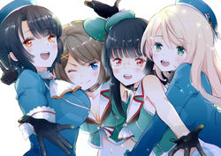  4girls amoichi777 aqua_headwear atago_(kancolle) beret black_gloves black_hair blonde_hair blue_eyes blue_headwear blush breasts brown_hair choukai_(kancolle) choukai_kai_ni_(kancolle) glasses gloves green_eyes hair_between_eyes hair_ornament hairclip hat hat_ribbon kantai_collection large_breasts long_hair looking_at_viewer maya_(kancolle) maya_kai_ni_(kancolle) midriff military military_uniform mini_hat multiple_girls one_eye_closed red_eyes ribbon rimless_eyewear short_hair sleeveless takao_(kancolle) uniform x_hair_ornament 