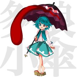  blue_eyes blue_hair blue_skirt blue_vest brown_footwear center_frills closed_mouth commentary_request female frills full_body geta harukawa_moe_(style) heterochromia highres holding holding_umbrella keiki8296 long_sleeves no_socks open_clothes open_vest purple_umbrella red_eyes shirt short_hair skirt smile solo standing sunken_fossil_world tatara_kogasa toes tongue tongue_out touhou umbrella vest walking white_shirt 