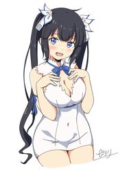  :d black_hair blue_eyes blue_ribbon breasts cleavage_cutout clothing_cutout commentary dress dungeon_ni_deai_wo_motomeru_no_wa_machigatteiru_darou_ka female hestia_(danmachi) highres large_breasts long_hair open_mouth pilolimaru rei_no_himo ribbon signature simple_background smile solo teeth twintails upper_teeth_only white_background white_dress 