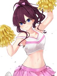  :3 absurdres armpits arms_up bad_id bad_twitter_id blush breasts cheerleader cleavage collarbone commentary crop_top female highres holding holding_pom_poms ichinose_shiki idolmaster idolmaster_cinderella_girls lamp_p9 looking_at_viewer medium_breasts midriff navel pink_skirt pom_pom_(cheerleading) ponytail purple_hair simple_background skirt solo tank_top upper_body white_background 