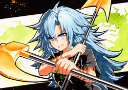  :d bad_id bad_pixiv_id blue_eyes blue_hair commentary_request female fingernails green_nails himemushi_momoyo holding holding_pickaxe holding_shovel light_blue_hair long_fingernails long_hair looking_at_viewer oerba_yun_fang open_mouth pickaxe qqqrinkappp short_sleeves shovel skin_fang smile solo touhou traditional_media upper_body v-shaped_eyebrows 