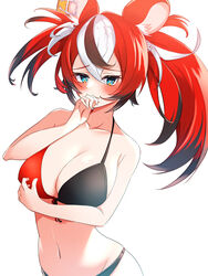  absurdres animal_ears asymmetrical_hair bad_id bad_twitter_id bikini black_hair blue_eyes blush breasts chillout_tang cleavage closed_mouth collarbone covered_mouth dice dice_hair_ornament dot_nose english_commentary female hair_ornament hakos_baelz hand_to_own_mouth highres hololive hololive_english large_breasts mouse_ears mouse_girl mousetrap multicolored_hair navel raised_eyebrows red_hair simple_background solo stomach streaked_hair swimsuit twintails two-tone_bikini virtual_youtuber white_background white_hair 