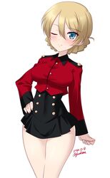  adapted_uniform artist_name black_skirt blonde_hair blue_eyes blush braid breasts closed_mouth commentary_request cropped_jacket darjeeling_(girls_und_panzer) dated female french_braid girls_und_panzer hair_between_eyes hand_on_own_hip highres kuzuryuu_kennosuke large_breasts looking_at_viewer microskirt military military_uniform one_eye_closed simple_background skirt smile solo st._gloriana&#039;s_military_uniform standing thighs uniform white_background 