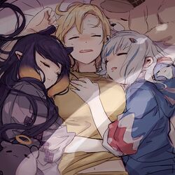  3girls alternate_costume animal_costume bed blonde_hair bloop_(gawr_gura) blue_hair blue_hoodie blunt_bangs breasts bubba_(watson_amelia) closed_eyes cuddling drooling gawr_gura grey_hair hololive hololive_english holomyth hood hoodie large_breasts long_sleeves lying multicolored_hair multiple_girls ninomae_ina&#039;nis on_side purple_hair shark_costume shark_print sharp_teeth sleeping streaked_hair takodachi_(ninomae_ina&#039;nis) teeth virtual_youtuber watson_amelia yuuyu_(777) 