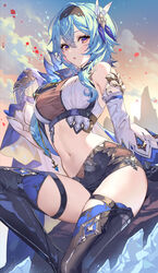  absurdres adapted_costume alternate_costume black_footwear black_hairband blue_cape blue_hair blue_necktie boots breasts cape commentary detached_sleeves eula_(genshin_impact) female frilled_sleeves frills genshin_impact hair_between_eyes hairband high-waist_shorts highres large_breasts looking_at_viewer medium_hair multicolored_eyes navel necktie purple_eyes short_shorts shorts solo stomach teffish thigh_boots thighs vision_(genshin_impact) white_sleeves yellow_eyes 