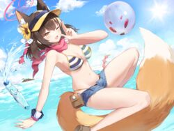  ;d animal_ears bare_arms bare_legs bikini bikini_top_only blue_archive blue_sky blush breasts cloud commentary day denim denim_shorts female fox_ears fox_girl fox_hair_ornament fox_shadow_puppet fox_tail hair_ornament halo highres izuna_(blue_archive) izuna_(swimsuit)_(blue_archive) looking_at_viewer medium_breasts navel neckerchief ocean official_alternate_costume one_eye_closed open_fly open_mouth outdoors pink_halo pink_neckerchief pink_scarf pom_pom_(clothes) pom_pom_hair_ornament ramune same_(samefgo) scarf shorts sky smile solo stomach striped_bikini striped_clothes swimsuit tail thighs visor_cap water 