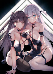  2girls azur_lane black_gloves black_hair black_thighhighs blue_eyes blush breast_press breasts brown_eyes closed_mouth collarbone commentary_request gloves hand_on_another&#039;s_shoulder inoue_takuya_(tactactak) kneeling large_breasts long_hair looking_at_viewer mole mole_under_eye multiple_girls navel official_alternate_costume race_queen shoukaku_(azur_lane) shoukaku_(sororal_wings)_(azur_lane) side_ponytail thighhighs white_hair white_thighhighs zuikaku_(azur_lane) zuikaku_(the_wind&#039;s_true_name)_(azur_lane) 