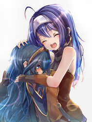  2girls absurdres aged_down ahoge armor bare_shoulders blue_eyes blue_hair cape clear_glass_(mildmild1311) closed_eyes fingerless_gloves fire_emblem fire_emblem:_path_of_radiance fire_emblem_awakening fire_emblem_heroes gloves hairband highres hug long_hair lucina_(fire_emblem) mia_(budding_blade)_(fire_emblem) mia_(fire_emblem) multiple_girls official_alternate_costume open_mouth purple_hair shoulder_armor tiara white_background white_hairband 