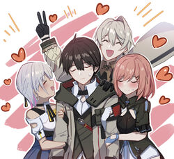  2boys 2girls :d adam_(honkai_impact) ahoge asymmetrical_gloves between_breasts black_gloves black_hair black_leotard blue_jacket bob_cut breasts brown_coat brown_hair brown_jacket carole_peppers closed_eyes closed_mouth clothes_around_waist coat dark-skinned_female dark_skin earrings gloves heart highres honkai_(series) honkai_impact_3rd jacket jacket_around_waist jewelry large_breasts leotard long_sleeves lyle_collodi_(honkai_impact) mismatched_gloves multiple_boys multiple_girls open_mouth pink_hair shirt short_hair smile timido_cute v white_background white_gloves white_hair white_shirt yumegiwa_(skgl_thx) 