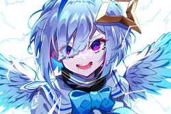  :d absurdres amane_kanata amane_kanata_(1st_costume) angel angel_wings asymmetrical_bangs blue_bow blue_hair bob_cut bow colored_inner_hair commentary_request eyes_visible_through_hair feathered_wings female grey_hair hair_over_one_eye halo highres hololive looking_at_viewer multicolored_hair open_mouth pension_z portrait purple_eyes purple_hair sailor_collar short_hair simple_background single_hair_intake smile solo star_halo streaked_hair turtleneck virtual_youtuber white_background white_sailor_collar wings 