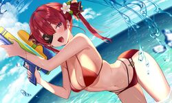  :d arched_back arm_up armpits bare_arms bare_shoulders bent_over bikini breasts cleavage day dutch_angle eyepatch female finger_on_trigger flower hair_between_eyes hair_flower hair_ornament hair_ribbon hand_up highres holding hololive houshou_marine large_breasts long_hair looking_at_viewer multi-strapped_bikini navel ocean open_mouth outdoors red_bikini red_eyes red_hair ribbon satoupote sidelocks skindentation smile solo standing stomach string_bikini swimsuit thighs twintails virtual_youtuber wading water water_gun wet 