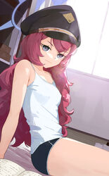  absurdres arm_support black_eyes black_hat blue_archive book breasts camisole female hair_between_eyes halo hat hat_ribbon highres indoors iroha_(blue_archive) long_hair looking_at_viewer md5_mismatch military military_hat necktie ribbon ryeon_(bluetom1) shelf shirt shorts sitting small_breasts solo thighs window 