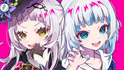  2girls :d absurdres black_gloves black_hairband black_headwear blue_eyes blue_hair blue_nails blush brown_eyes commentary_request gawr_gura gawr_gura_(1st_costume) gloves grey_hair hairband hand_up hat highres hololive hololive_english long_hair long_sleeves looking_at_viewer multicolored_hair multiple_girls murasaki_shion murasaki_shion_(1st_costume) nail_polish open_mouth paw_pose pension_z purple_background sharp_teeth simple_background smile streaked_hair teeth tilted_headwear upper_body upper_teeth_only v-shaped_eyebrows virtual_youtuber witch_hat 