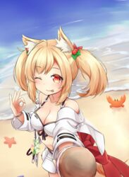  :p animal_ears arknights back_bow beach bikini bikini_skirt blonde_hair blush bow breasts cleavage cowboy_shot crab female food front-tie_bikini_top front-tie_top hair_bobbles hair_ornament hand_up highres holding holding_food ice_cream incoming_food klaius large_breasts looking_at_viewer medium_hair miniskirt ocean official_alternate_costume ok_sign one_eye_closed outdoors red_bow red_eyes sand skirt smile solo sora_(arknights) sora_(summer_flowers)_(arknights) standing starfish swimsuit swimsuit_cover-up tongue tongue_out twintails white_bikini white_skirt wristband 