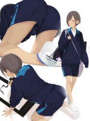  all_fours ama_mitsuki ass bag bare_legs blue_shirt blue_shorts brown_eyes brown_hair calligraphy calligraphy_brush carrying_bag closed_mouth collared_shirt commentary_request feet female from_behind full_body hard_hat heart helmet highres holding holding_brush jacket long_sleeves multiple_views no_shoes original paintbrush panties panty_peek school_bag shirt short_hair shorts sleeves_rolled_up socks soles stuffed_animal stuffed_rabbit stuffed_toy track_suit underwear unworn_headwear unworn_helmet white_footwear white_shirt white_socks zipper_pull_tab 