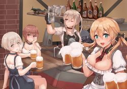  4girls alcohol alternate_costume anchor_hair_ornament apron beer beer_mug black_apron black_gloves blonde_hair blouse blue_eyes bodice breasts brown_eyes brown_hair cleavage commentary counter cross cup dirndl dress dress_shirt german_clothes gloves graf_zeppelin_(kancolle) green_eyes grey_eyes grey_hair hair_between_eyes hair_ornament hat highres iron_cross k_jie kantai_collection large_breasts long_hair looking_at_viewer military_hat mug multiple_girls necktie official_alternate_costume peaked_cap pinafore_dress prinz_eugen_(kancolle) puffy_short_sleeves puffy_sleeves shirt short_hair short_sleeves sidelocks skirt sleeveless sleeveless_dress symbol-only_commentary twintails unworn_hat unworn_headwear waist_apron waitress white_hair z1_leberecht_maass_(kancolle) z1_leberecht_maass_(oktoberfest_mode)_(kancolle) z3_max_schultz_(kancolle) 