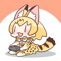  :3 :d animal_ear_fluff animal_ears bad_id bad_twitter_id blush bow bowtie chibi commentary_request controller detached_sleeves dualshock female game_controller gamepad inukoro_(spa) kemono_friends lowres open_mouth playing_games playstation_controller print_bow print_bowtie serval_(kemono_friends) serval_print simple_background sitting smile tail traditional_bowtie two-tone_bowtie white_bow white_bowtie yellow_bow yellow_bowtie |_| 