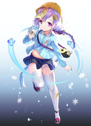  blue_shirt blue_skirt blush braid braided_ponytail breasts coin_hair_ornament commission female full_body genshin_impact hair_ornament hat highres jin_young-in long_hair long_sleeves looking_at_viewer milk_carton ofuda open_mouth pixiv_commission purple_eyes purple_hair qiqi_(genshin_impact) shirt skirt small_breasts snowflakes solo talisman thighhighs white_thighhighs yellow_hat 