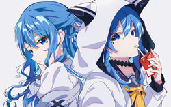  2girls absurdres animal_hood black_choker blue_eyes blue_hair box cardigan choker commentary_request drinking_straw drinking_straw_in_mouth dual_persona earrings grey_cardigan hair_between_eyes hand_on_own_cheek hand_on_own_face hand_up highres holding holding_box hololive hood hood_up hooded_jacket hoshimachi_suisei hoshimachi_suisei_(school_uniform) jacket jewelry juice_box long_hair long_sleeves looking_back multiple_girls official_alternate_costume parted_lips pension_z sidelocks simple_background star_(symbol) star_in_eye symbol_in_eye upper_body virtual_youtuber white_background white_jacket 