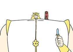  2girls anatomical_nonsense animal_ears bad_anatomy bad_id bad_twitter_id blonde_hair blue_eyes brown_hair cat_ears cat_girl cat_tail catra headwear_request highres holding holding_sword holding_weapon multiple_girls parody sattou_(style) she-ra she-ra_and_the_princesses_of_power style_parody sword tail takamizo weapon white_background yellow_headwear 