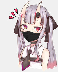  ! bare_shoulders black_ribbon blush collar female gradient_hair grey_hair heart heart-shaped_pupils highres hime_apple hololive horns long_hair mask mouth_mask multicolored_hair nakiri_ayame nakiri_ayame_(streetwear) necktie official_alternate_costume oni red_eyes red_hair ribbon shirt simple_background skin-covered_horns solo streaked_hair symbol-shaped_pupils twintails virtual_youtuber white_shirt 