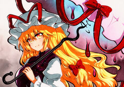  bad_id bad_pixiv_id blonde_hair bow breasts dress female hat hat_ribbon holding holding_umbrella juliet_sleeves large_breasts long_hair long_sleeves looking_at_viewer mob_cap multicolored_eyes open_mouth orange_eyes puffy_sleeves purple_tabard qqqrinkappp red_bow red_ribbon ribbon solo tabard touhou traditional_media umbrella upper_body white_dress white_hat yakumo_yukari 