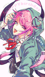  0721786 1boy amemura_ramuda black_pants blue_eyes candy coat collared_shirt dated english_commentary food green_coat happy_birthday highres holding holding_candy holding_food holding_lollipop hood hypnosis_mic lollipop male_focus medium_hair multicolored_eyes neck_ribbon pants parted_lips pink_eyes pink_hair purple_eyes red_ribbon ribbon shirt smile smug solo tongue tongue_out white_shirt 