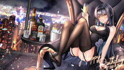  alcohol bare_shoulders black_choker black_dress black_footwear black_hair black_thighhighs blush breasts champagne_flute character_request choker cleavage closed_mouth copyright_request cup dress drinking_glass feet female flower garter_straps grey_flower grey_rose hairband happy_birthday high_heels holding holding_cup ice_bucket jack_daniel&#039;s korean_commentary lancheu long_hair looking_at_viewer medium_breasts night no_shoes orange_eyes rose shoe_dangle skyline sleeveless sleeveless_dress smile soles solo thighhighs very_long_hair whiskey 