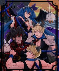  3boys angel_wings animal_ears asymmetrical_wings black_hair blonde_hair blue_eyes breasts chain_leash chains cleavage detached_collar dizzy_(guilty_gear) dog_ears dress ebi_pri_shrimp eyepatch family fangs father_and_daughter father_and_son female ghost guilty_gear guilty_gear_strive hair_ornament halloween halloween_costume husband_and_wife ky_kiske large_breasts leash mother_and_son multiple_boys muscular muscular_male night night_sky off-shoulder_dress off_shoulder one_eye_closed pectorals ponytail red_eyes short_hair sin_kiske skull_hair_ornament sky smile sol_badguy star_(sky) starry_sky tiara wings witch 