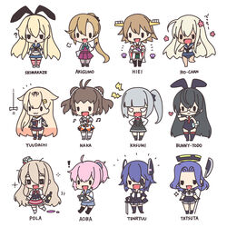  ! 6+girls :3 ? ahoge akigumo_(kancolle) alcohol alternate_costume animal_ears aoba_(kancolle) bacius black_hair black_thighhighs blonde_hair blush bone bottle brown_hair character_name chibi commentary_request dress eyepatch flower glaive_(polearm) glasses grey_hair grey_legwear hair_flower hair_ornament hairband hairclip halo hat headgear heart hiei_(kancolle) hiei_kai_ni_(kancolle) highres holding holding_weapon kantai_collection kasumi_(kancolle) kasumi_kai_ni_(kancolle) kneehighs leotard light_brown_hair long_hair long_sleeves mechanical_halo microphone mini_hat mole mole_under_mouth multiple_girls musical_note naka_(kancolle) naka_kai_ni_(kancolle) one-piece_swimsuit ooyodo_(kancolle) open_mouth pantyhose pinafore_dress pink_hair playboy_bunny pola_(kancolle) polearm ponytail puff_of_air purple_hair rabbit_ears ro-500_(kancolle) sailor_collar school_uniform serafuku shimakaze_(kancolle) short_hair short_sleeves shorts side_ponytail simple_background skirt sleeveless sleeveless_dress smile socks sparkle striped_clothes striped_thighhighs swimsuit swimsuit_under_clothes sword tatsuta_(kancolle) tatsuta_kai_ni_(kancolle) tenryuu_(kancolle) tenryuu_kai_ni_(kancolle) thighhighs weapon white_background yuudachi_(kancolle) yuudachi_kai_ni_(kancolle) 